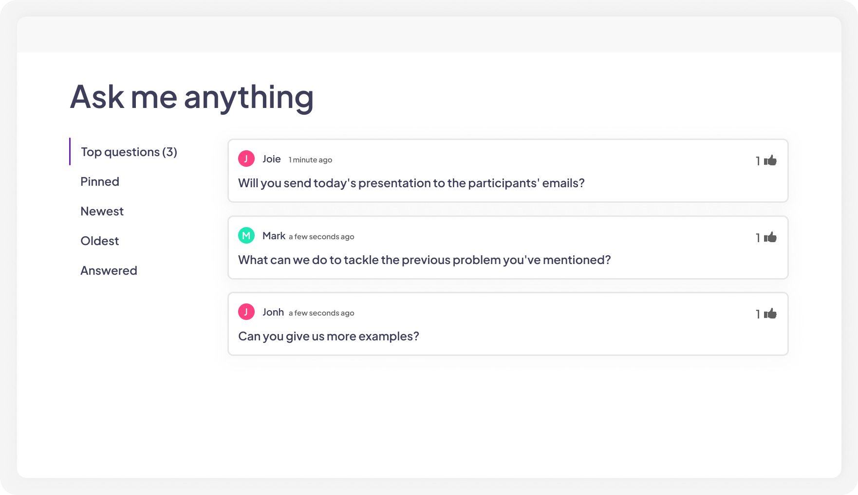 A screen showing participants' questions with the option to upvote and mark as answered on AhaSlides