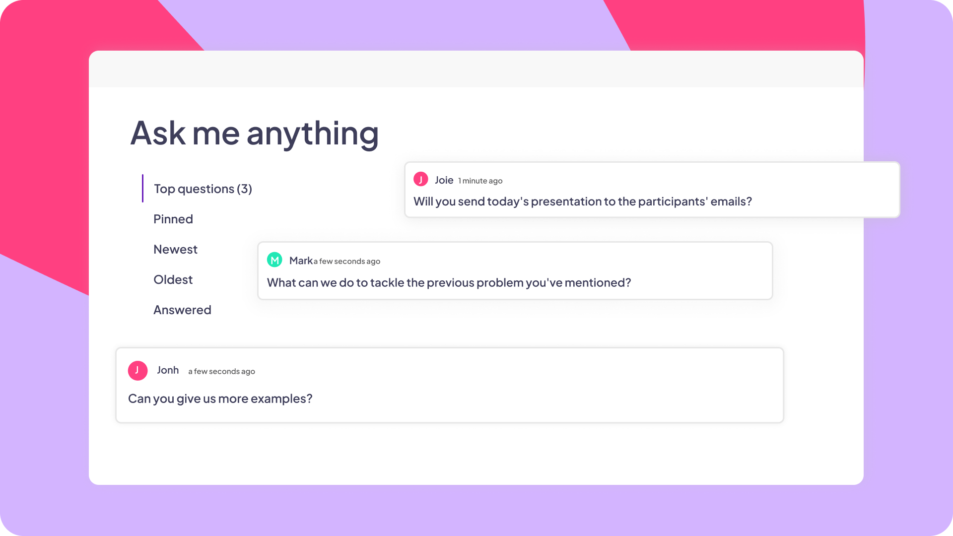 Mockup of AhaSlides' live questions and answers